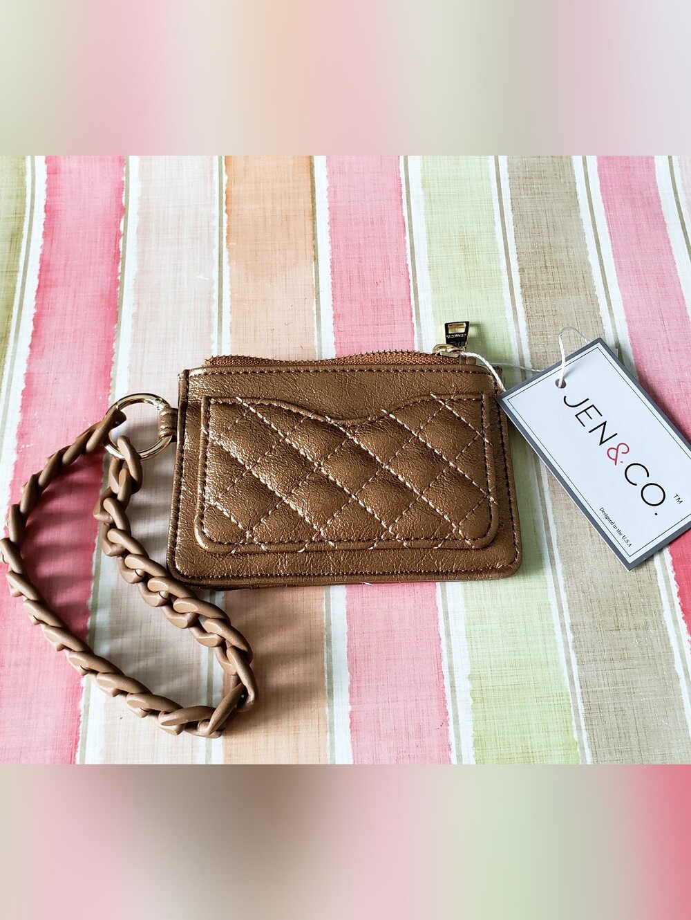 JEN & CO Quilted Tan Card Wallet with Braided Chain